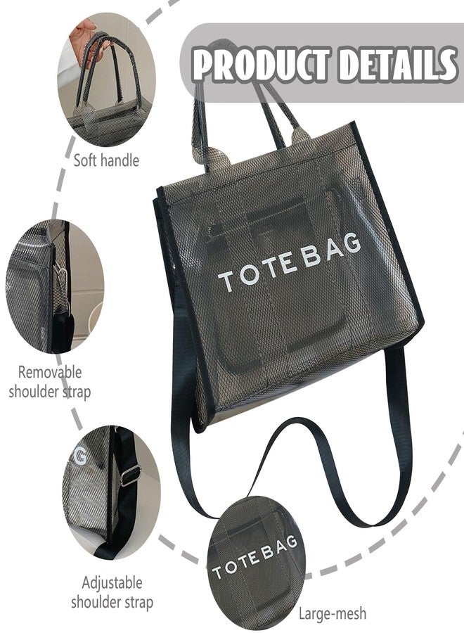 WREWING Clear Tote Bag for Women, Large Mesh Beach Bag, PVC Clear Crossbody Bags with Zipper, Stadium Bag for Travel Sports (Black) - Image 4